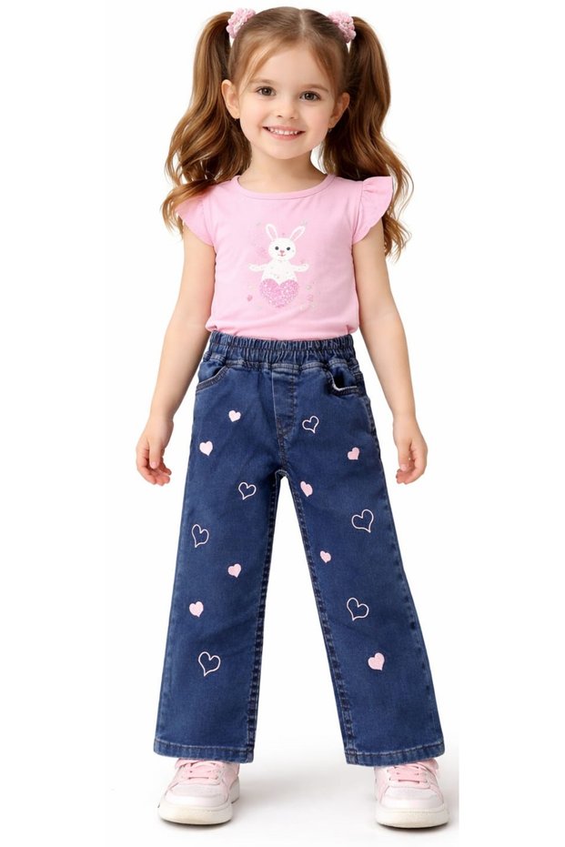 Girl's Pink Heart Embroidered Dark Blue Color Trousers with Elastic Waist
