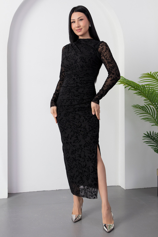 Dik Yaka Drapeli Flok Baskı Elbise DKS1392 - 7