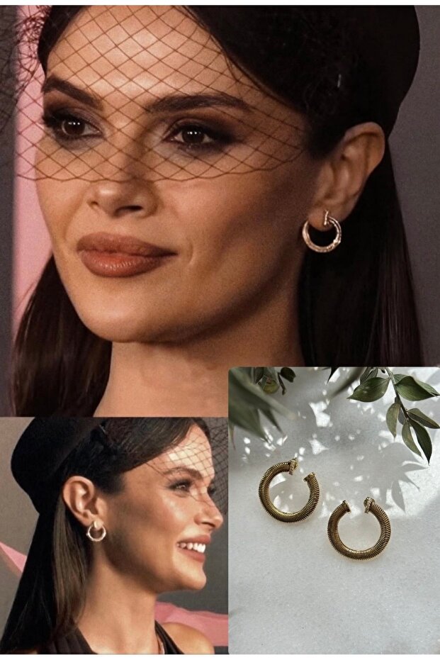 Brand Equivalent Straw Model Round Stone Gold Stylish Earrings Alya Earrings (Sinem Ünsal Earrings)