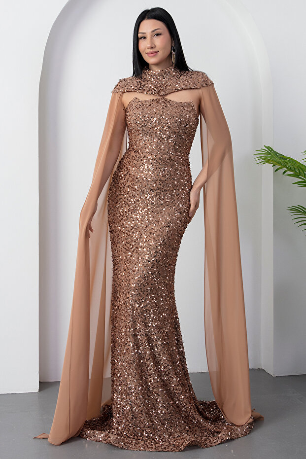 Bolerolu Straplez Yaka Pullu Tül Elbise DNS2053 - 5