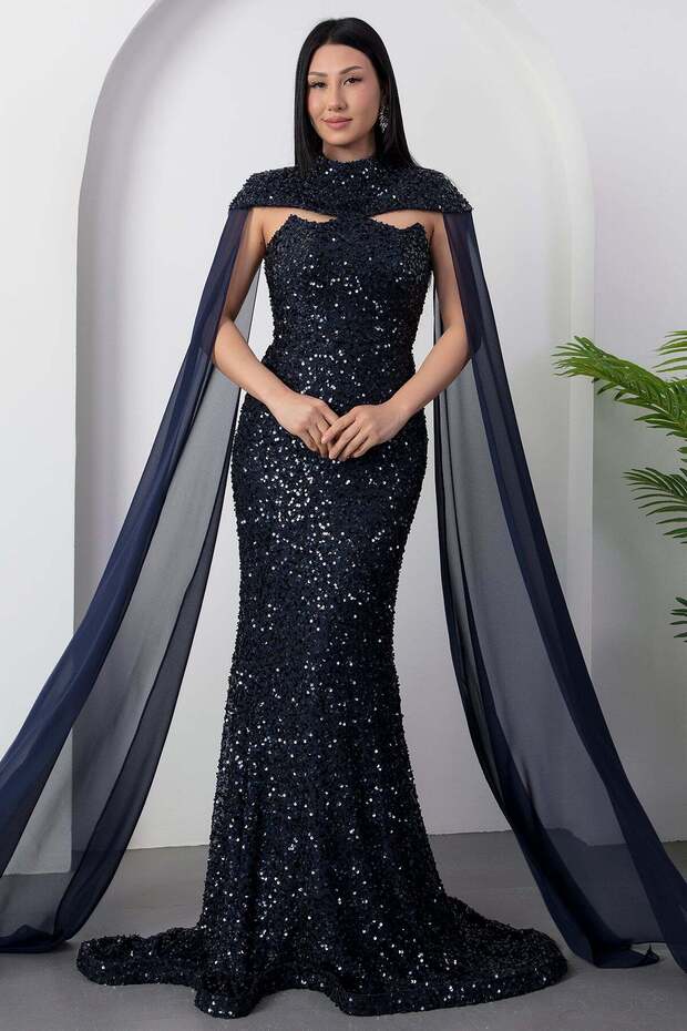 Bolerolu Straplez Yaka Pullu Tül Elbise DNS2053 - 5