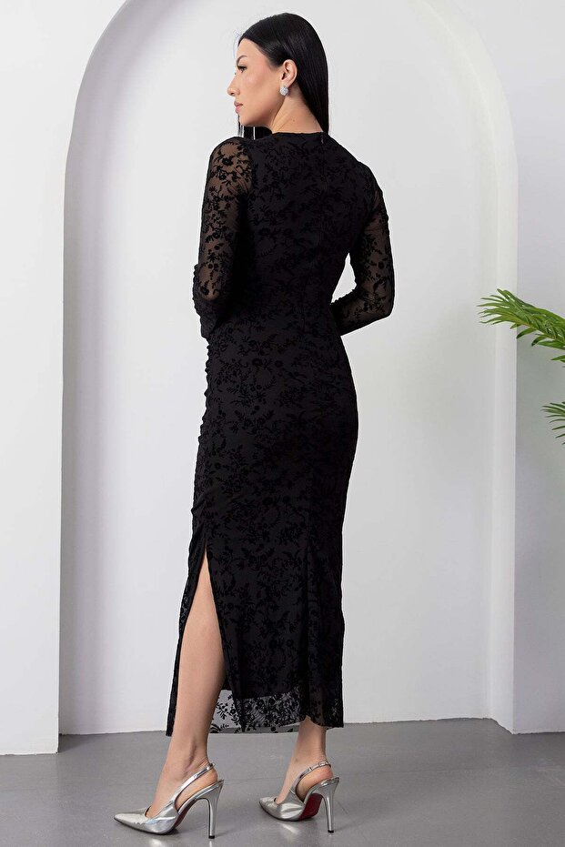 Dik Yaka Drapeli Flok Baskı Elbise DKS1392 - 8