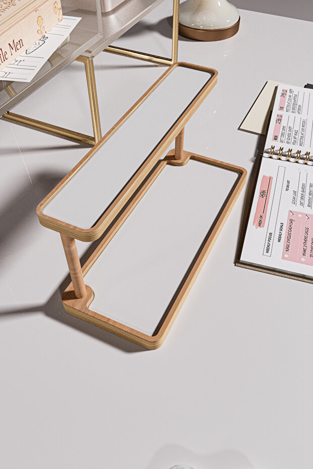 Wooden Desktop Organizer Double Layer, Phone Holder, Modern Luxury Office Accessory Desk Accessory