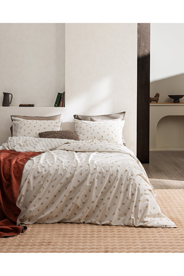 Veronique Double 100% Cotton Ranforce Printed Duvet Cover Set - Beige/Khaki