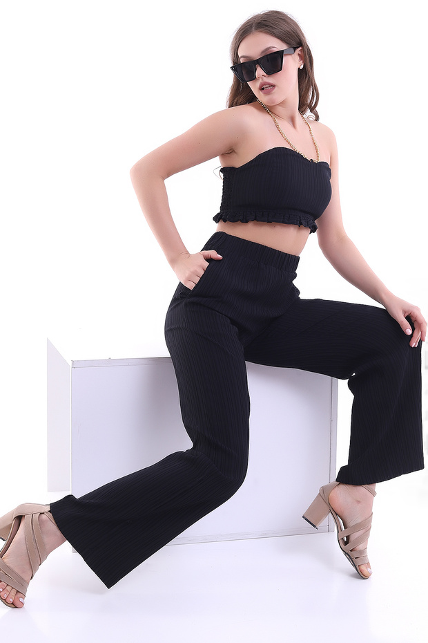 Women Strapless Crop Blouse & High Waist Pants Set Nsa-58029
