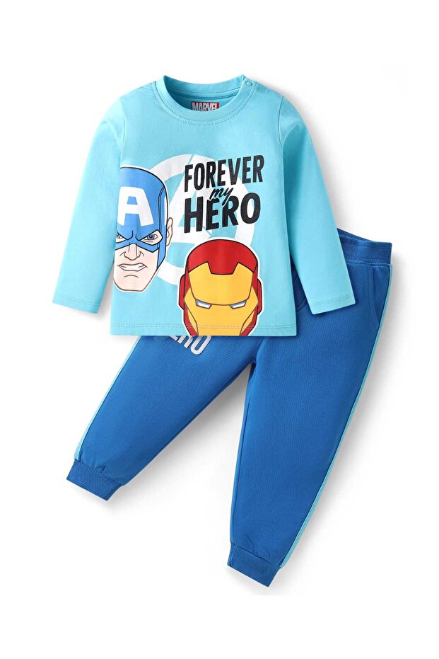 Single Jersey Knit Top & Lounge Pant Set with Avengers Graphics - Light & Medium Blue