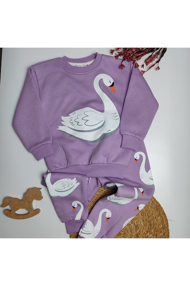 Kuğulu Purple Girls' Top and Bottom Tracksuit Set – Ages 3-8