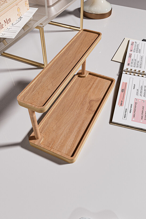 Wooden Desktop Organizer Double Layer, Phone Holder, Modern Luxury Office Accessory Desk Accessory