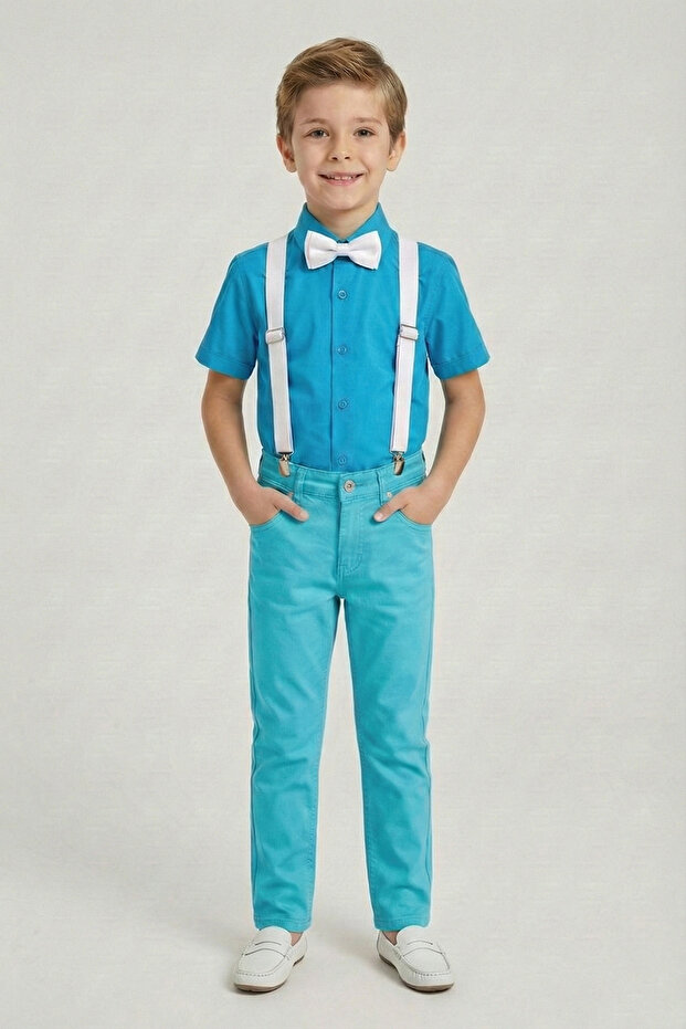 Boy's Turquoise Short Sleeve Shirt Turquoise Pants White Suspender Bow Tie Set April 23 October 29