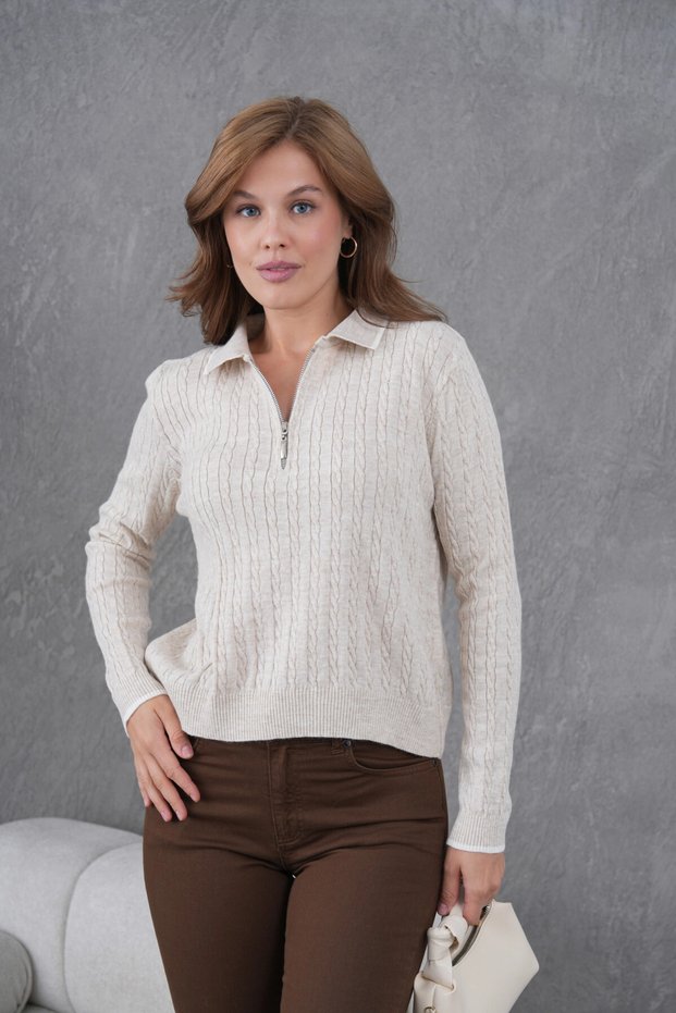 Women's Polo Neck Zipper Detail Knitwear Sweater