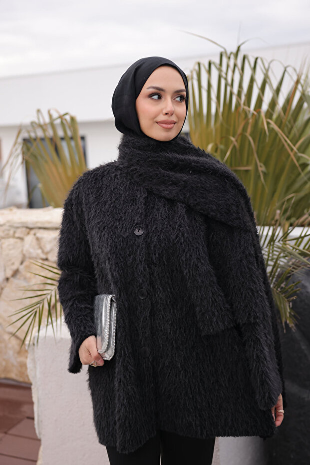 Black Scarf Detailed Buttoned Angora Jacket