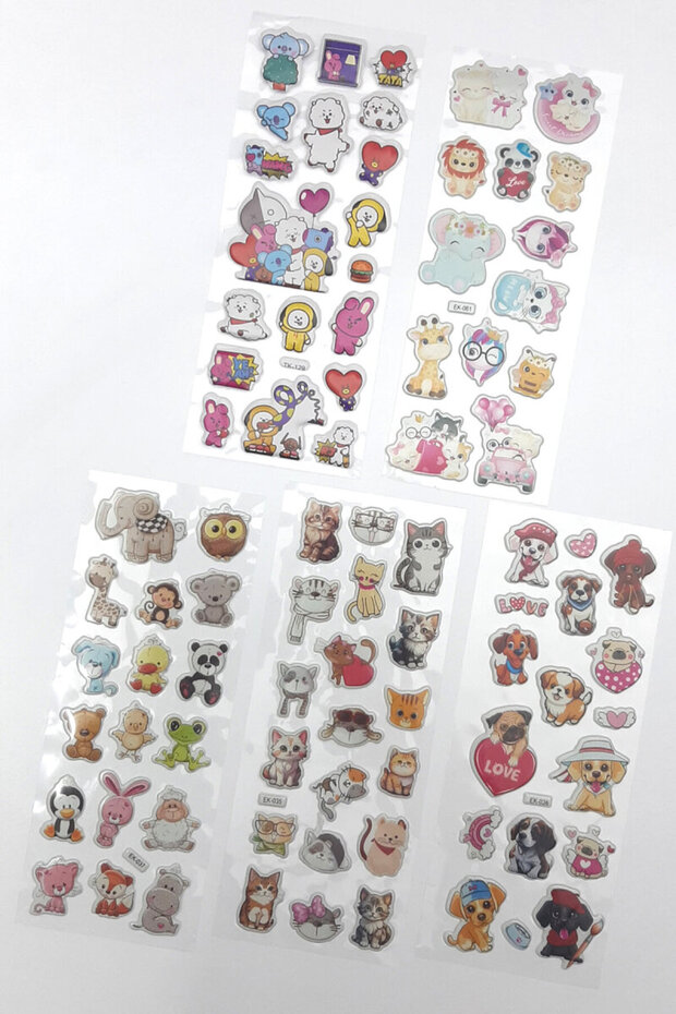Set of 5 Embossed Adhesive Stickers (13X7 cm), Cute Cats and Dogs