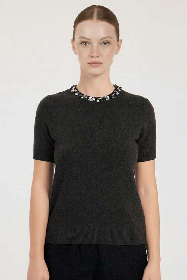 Dark Gray Stone and Bead Embroidered Women's Sweater