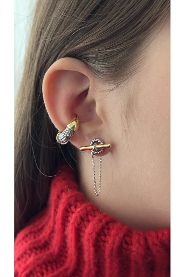 Two-Color Chain Earrings, Trendy Earrings, Earcuff Lu (Set of 3 Earrings)
