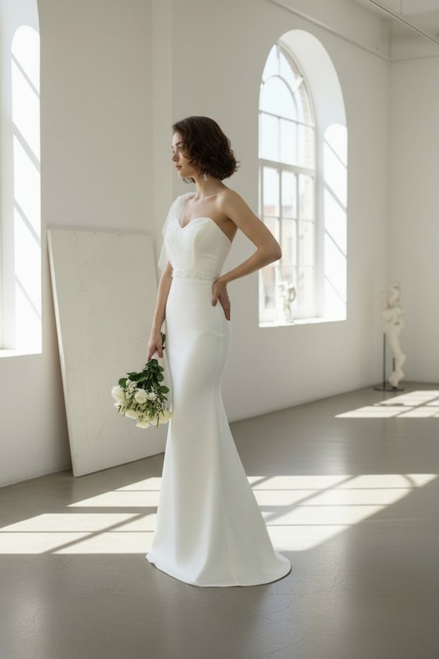 Off-White Lace Pearl-Detail One-Shoulder Sweetheart Neck Mermaid Long Wedding Dress