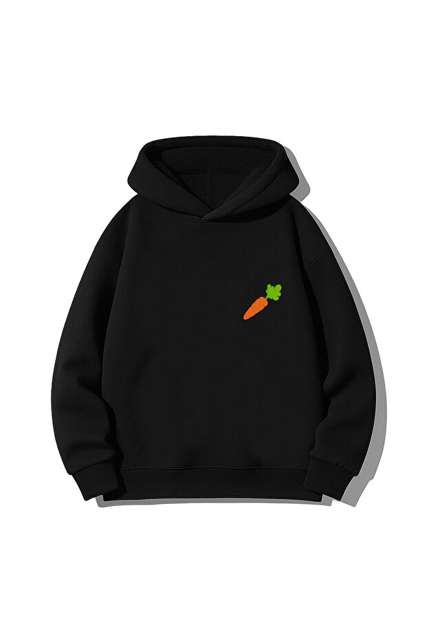 Carrot Chest Printed Hooded Black Sweatshirt Hoodie