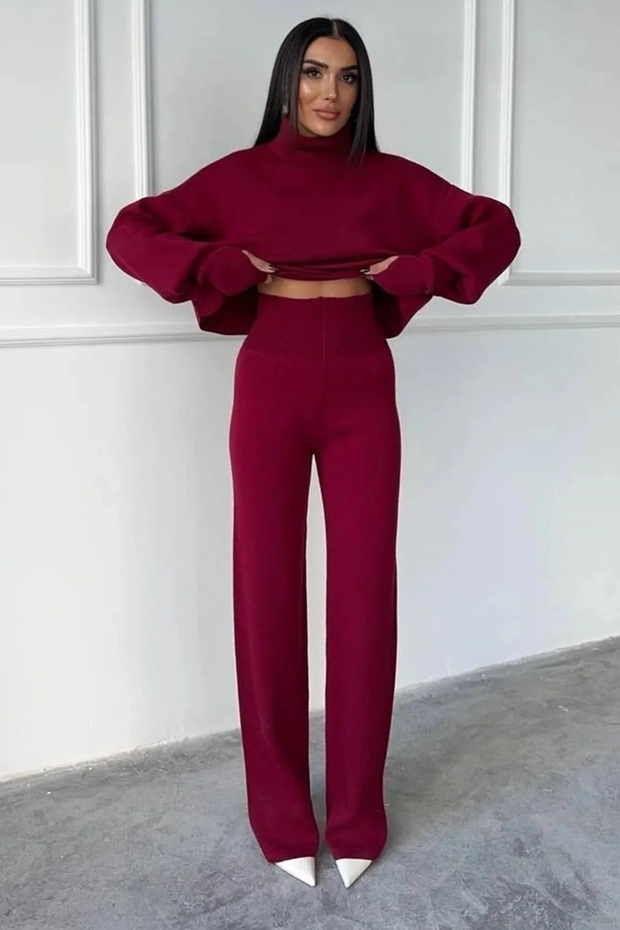 Women's Knitwear High Waist Elastic Trousers Turtleneck Finger Detail Sweater Thinky Set