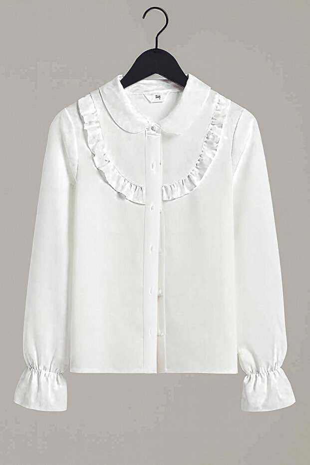 Girls' Cotton Long Sleeve Shirt with Ruffles on the Front and Elasticated Sleeves