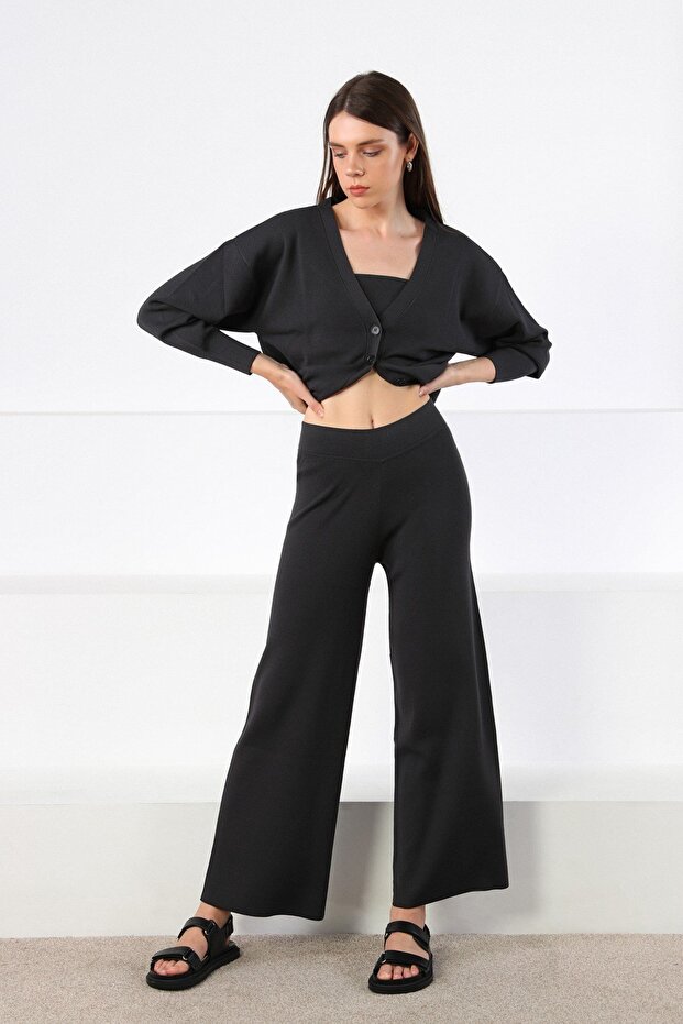 Anthracite Wide Leg Viscose Women's Knitwear Trousers