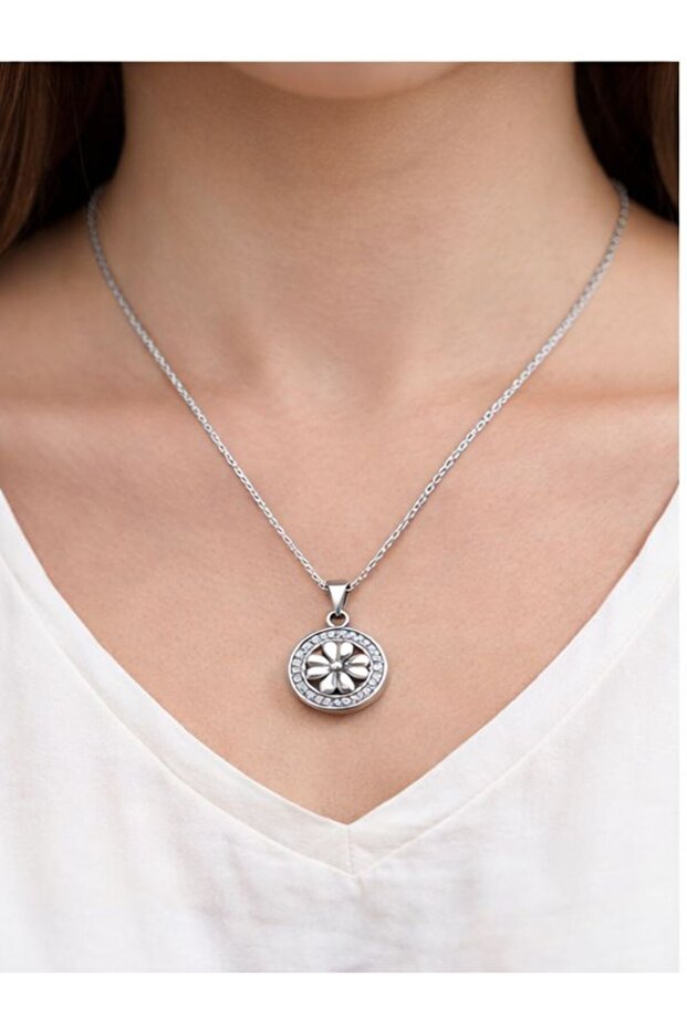 Yonca Desenli Çelik Kolye - 5