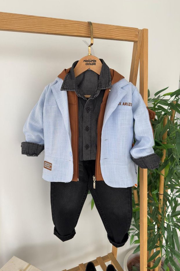 My Little Boy's Cicileri Arizona Embroidered Jacket K Hooded Y Vest Set 4-Piece Boy's Set - Blue