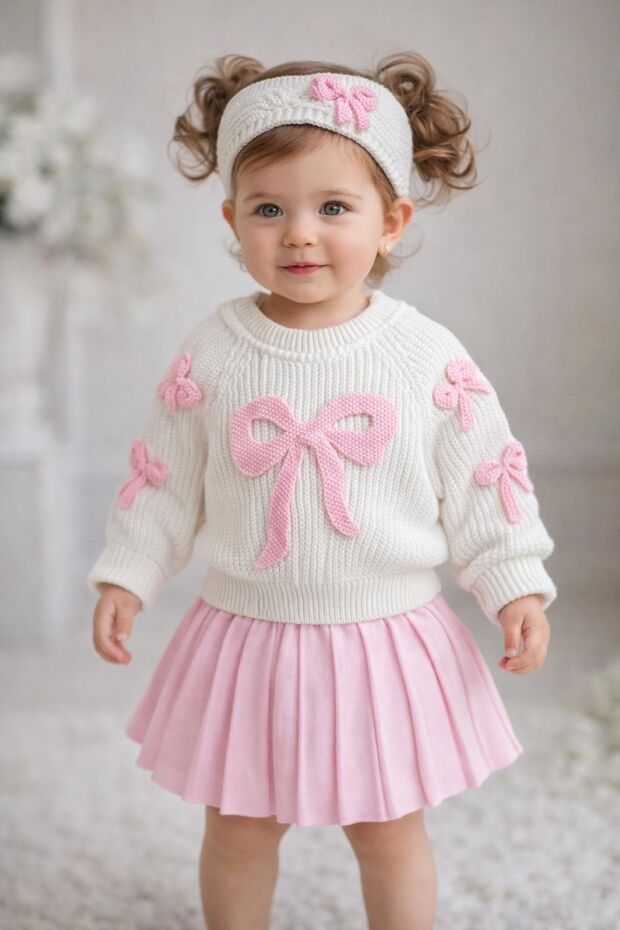 Baby Girl Bowknot Thessaloniki Sweater, Pleated Skirt and Headband 3-Piece Knitwear Set