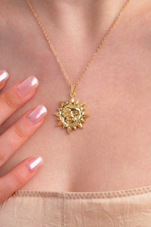 Women's Gold Color Sun Figured Necklace - Antique Sun Design Bijouterie Necklace