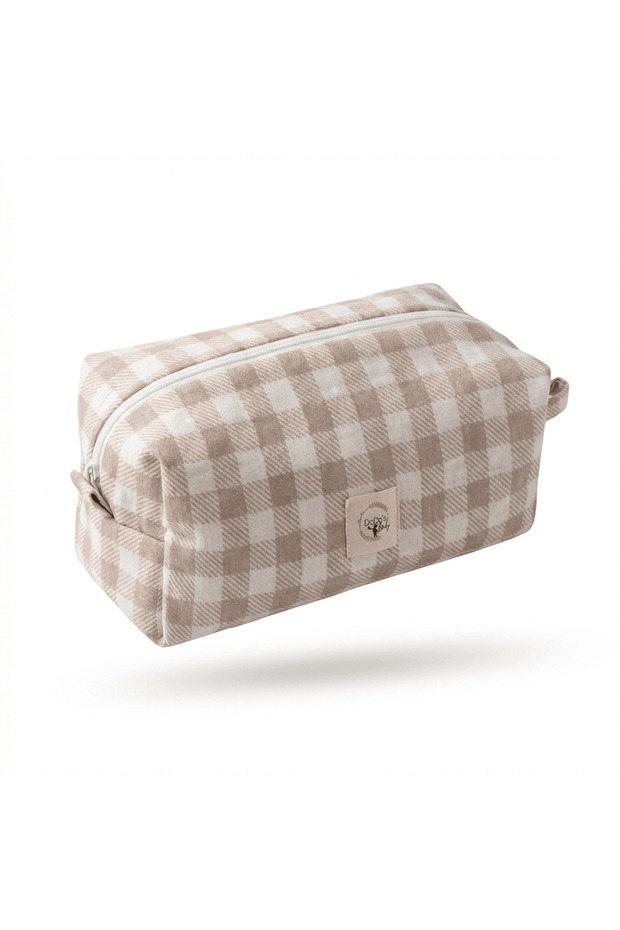 Multi-Purpose Muslin Plaid Patterned Mother Baby Care Organizer and Cosmetic Bag