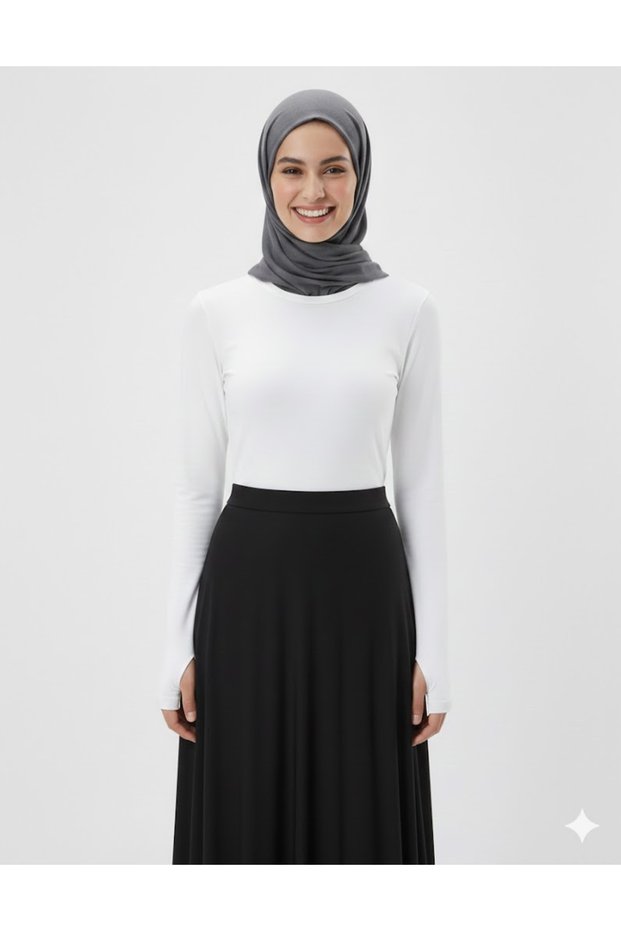 White Crew Neck Slim Fit Cotton Finger-Looped Blouse Oversized Hijab Body Hzlrbndüz50Tbody