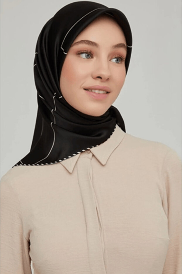 Nostalji Tivil İpek Eşarp IST 8655-06 Siyah-Beyaz Çizgili Desen - 1