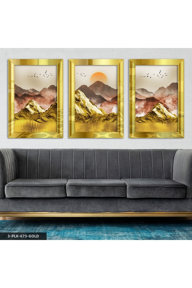 Gold Mountain and Birds 3 Piece Gold Plexiglass Mirrored Painting