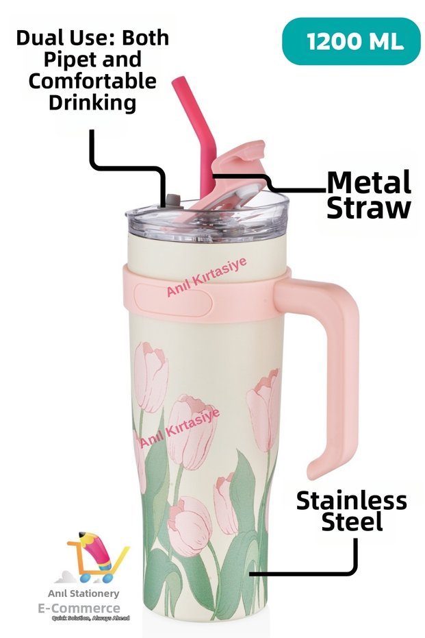 Diller Insulated Coffee Mug with Straw 1200ml up to 12 Hours Hot/Cold Cup Body Thermos