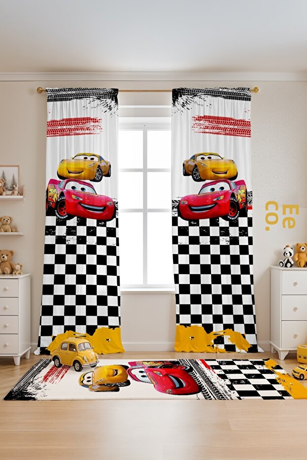 Checkered Mcqueen Patterned Children's Baby Room Background Curtain (Single Wing Pricing)