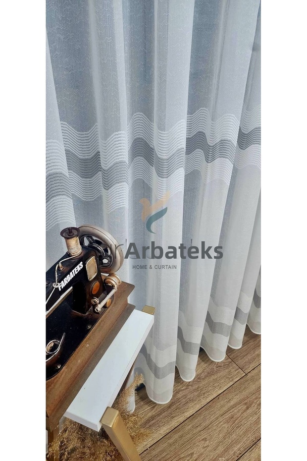 Farbateks Dikim Lizvon Gray Anthracite Striped 1/2 Layer Pleated Tulle Curtain