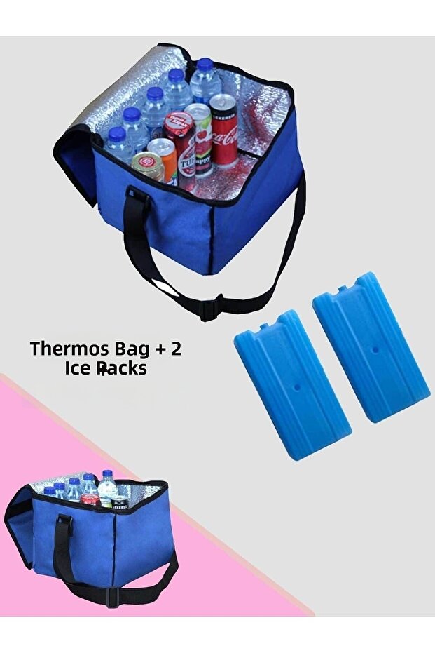 Thermos Bag and 2 Ice Batteries Cold Hot Insulated 21 Lt. Vehicle Auto Picnic Camping Beach Shoulder Bag