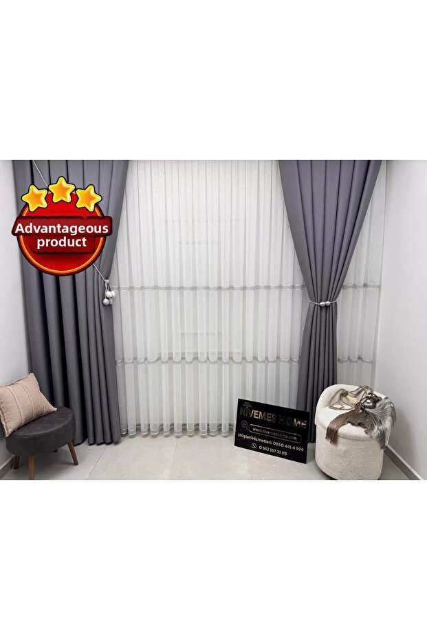 Nivemeshome Olivia 2025 V-3 Silver Detailed 1/3 Dense Pleated Tulle Curtain Apm