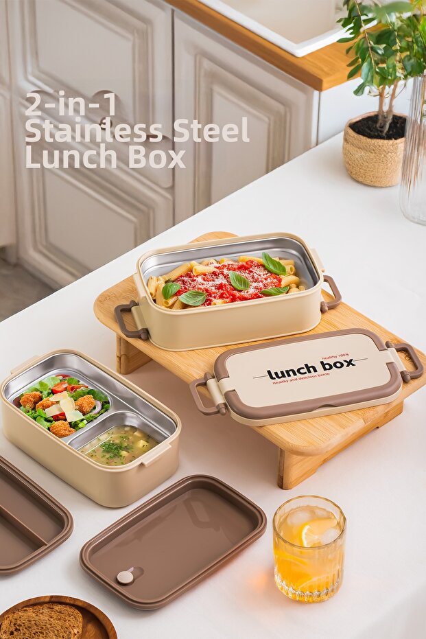 Stainless Steel 2-Tier 3-Compartment Food Thermos Lunch Box Portable Lunch Box Expedition Box