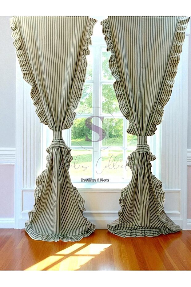 Green Striped Double Sided Ruffled Vintage Cotton Linen Curtain (W X L) - Single Panel - No Pleats