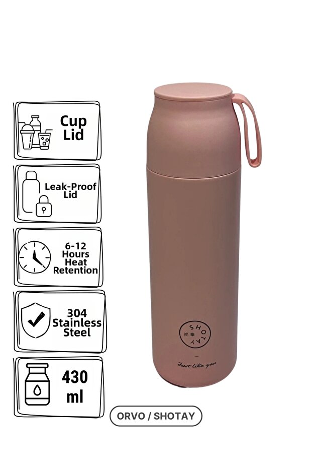 430 ml 304 Steel Flip-Open Cup with Lid and Pouring Thermos - Pink