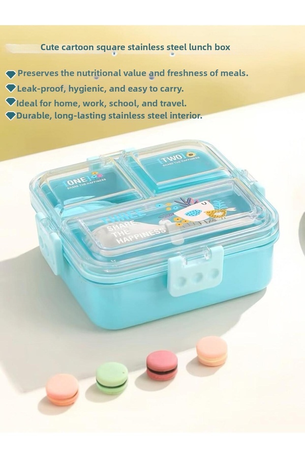 3-Compartment Stainless Steel Blue Color Sauce Covered Lunch Box Food Container