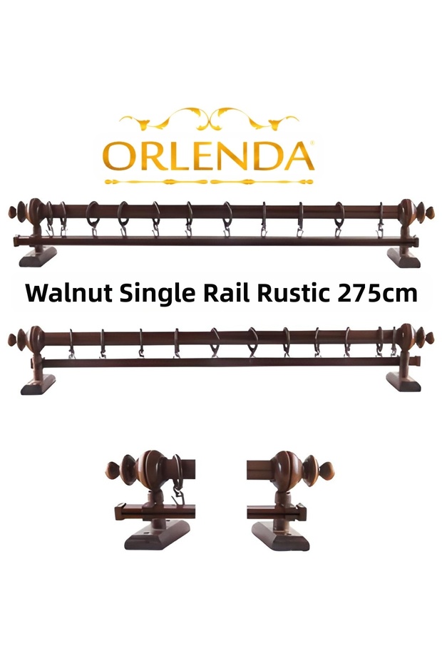 Walnut Wooden Rustic Curtain Hanger - Single Rail Rustic Pipe 275 Cm