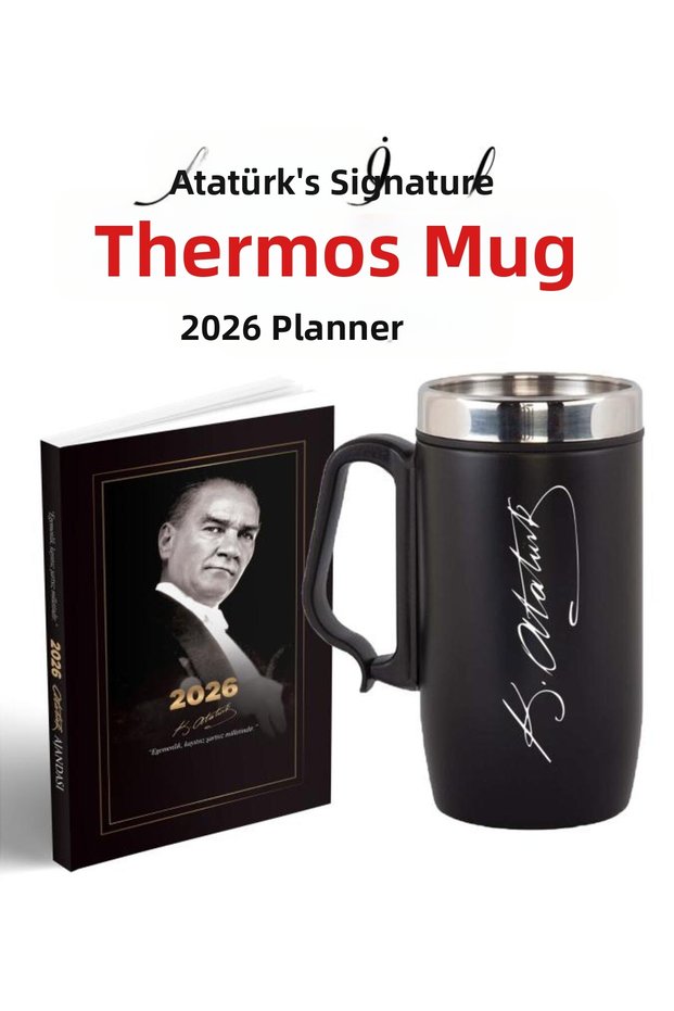 Ataturk Signature Printed Thermos Cup with Handle and 2026 Ataturk Agenda - Bookmark - Postcard
