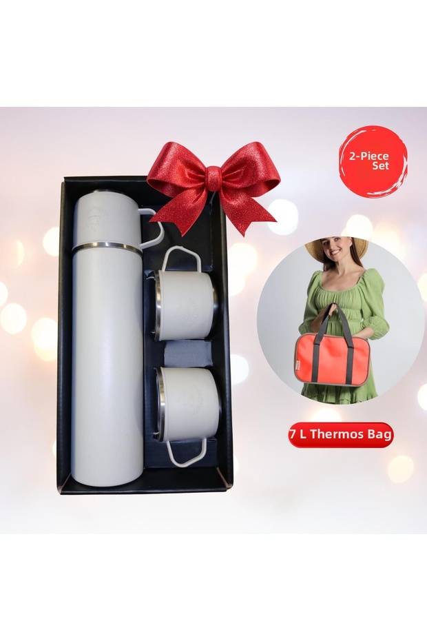Set of 2-Stainless Steel Flask Set with 3 Cups-500 Ml-7 Lt Thermos Bag