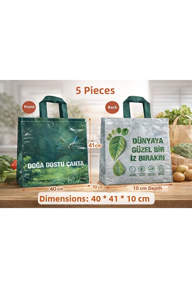 5 Pieces Gusseted Eco-Friendly Green Shopping Bag 40X41X10Cm