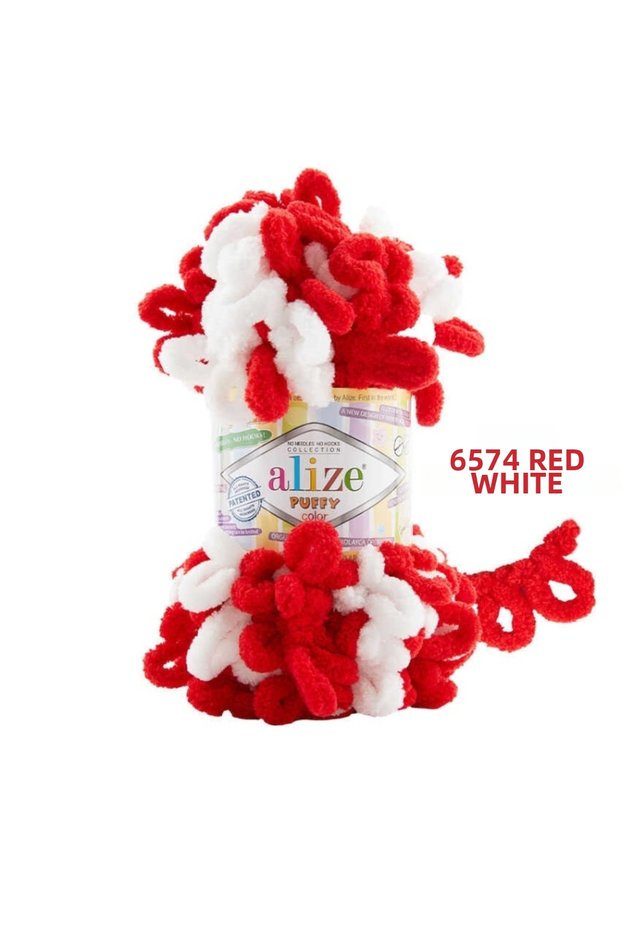 Puffy Color Hand Knitting Yarn 100 Gr 9 Mt Big Bow 6574 Red White