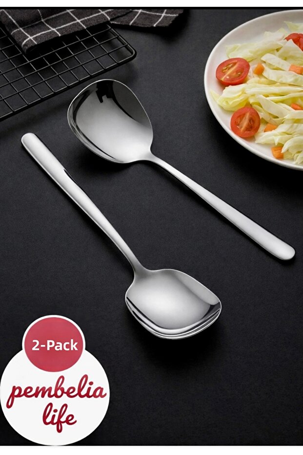 2Pcs Practical 21cm Stainless Steel Luxury Serving Salad Spoon Spatula-Steel Food Serving Spoon