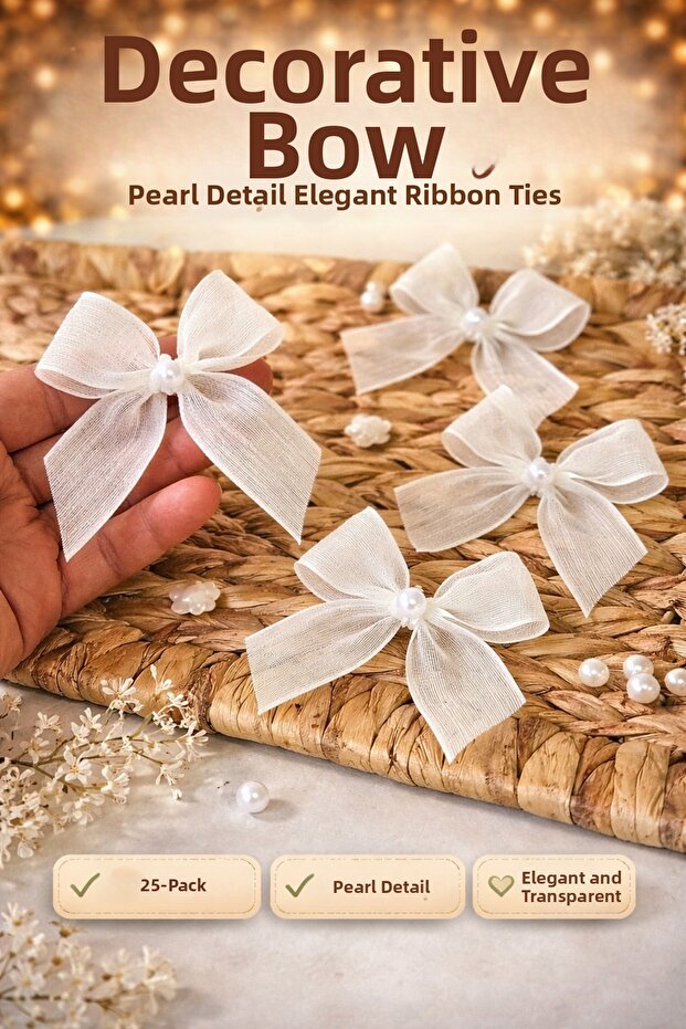 Pearl Detailed Bow Linen Ribbon Ready to Use - 25 Pieces