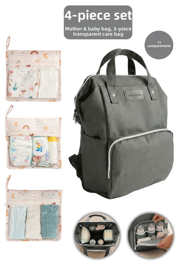 Set of 4 - Mother and Baby Backpack with Compartments and Transparent Window Newborn Organizer Gray