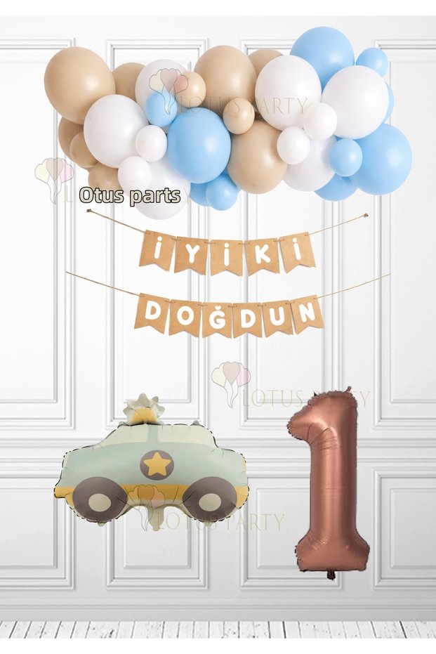 Retro Police Car Set Kraft White Happy Birthday Lettering - Blue Beige White Balloon Brown Number 1 Year Old