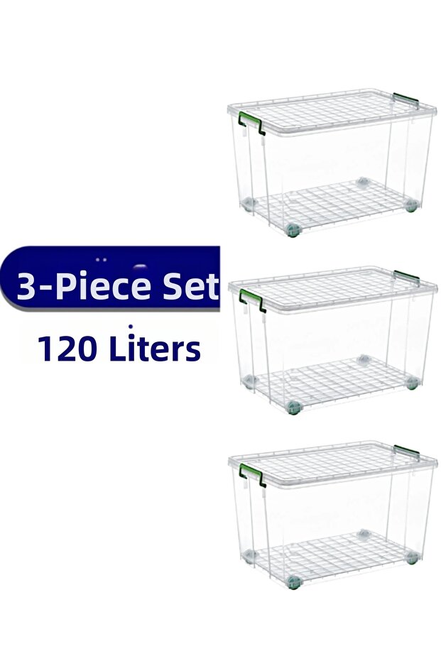 Wheeled Storage Box 110 Liters Transparent 3-Piece Storage Container Kitchen/Bathroom Multi-Purpose Storage